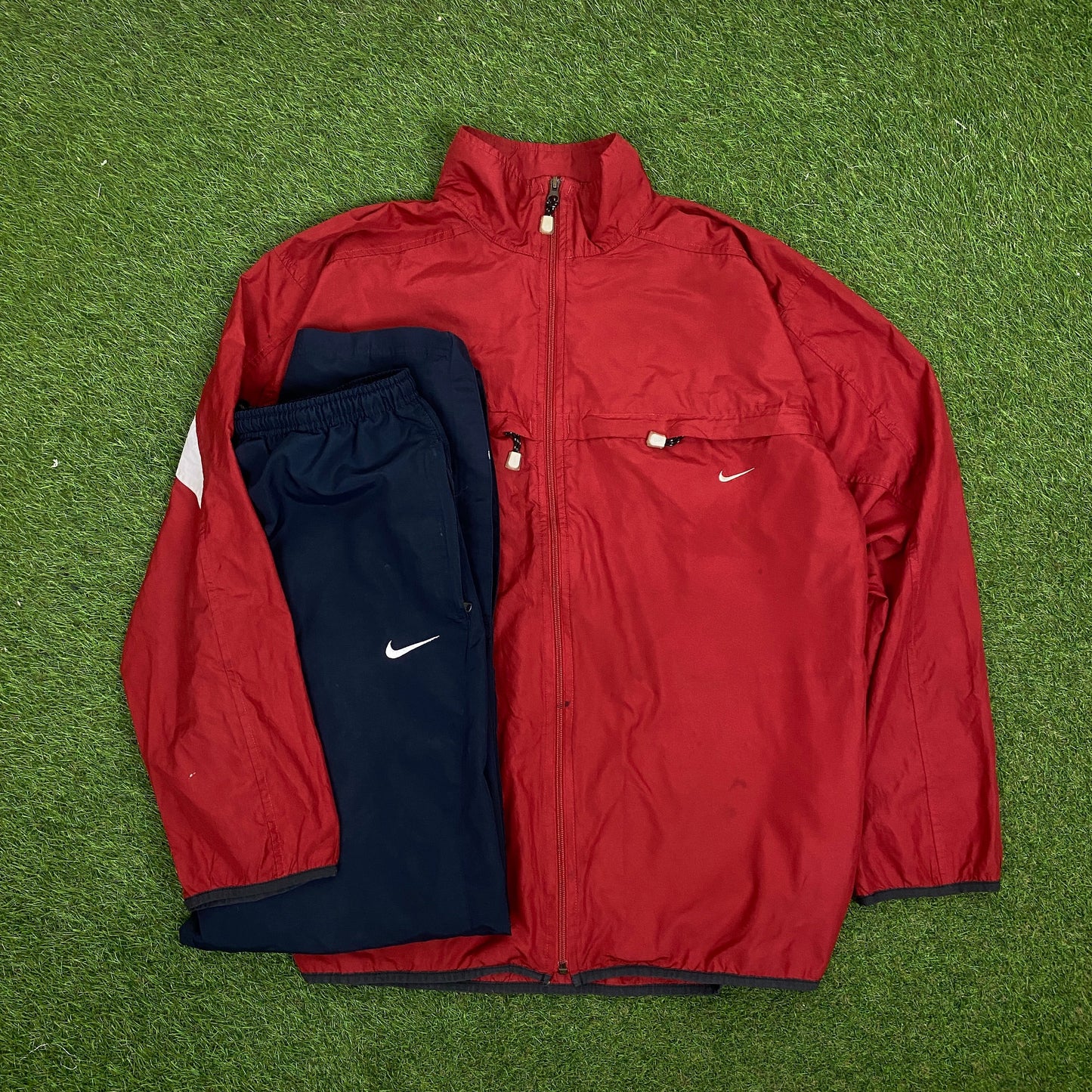 00s Nike Piping Windbreaker Tracksuit Set Jacket + Joggers Red XL