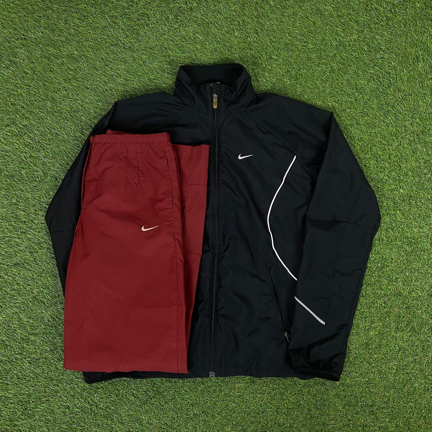 00s Nike Piping Windbreaker Jacket + Joggers Set Black Womens Small