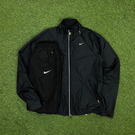 00s Nike Piping Windbreaker Jacket + Joggers Set Black Medium