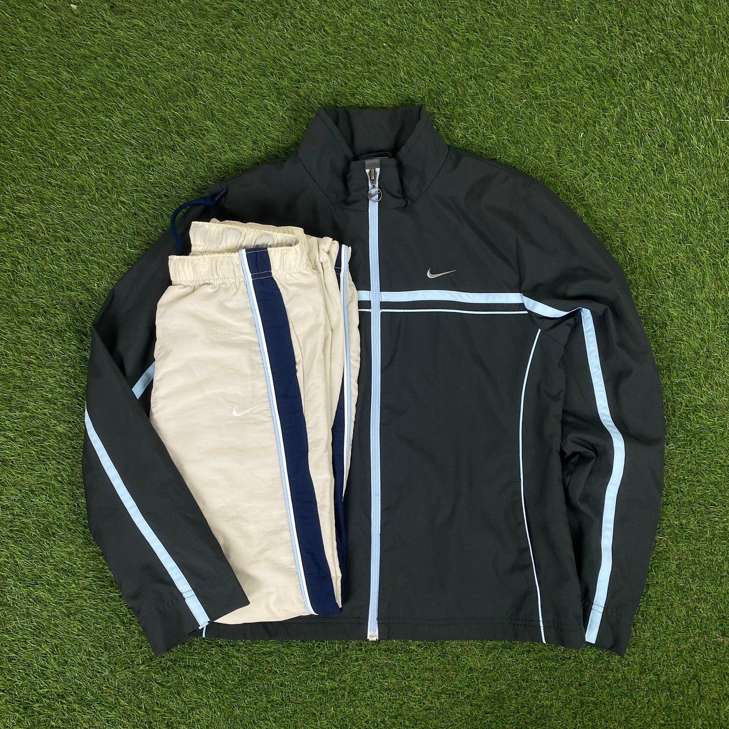 00s Nike Piping Windbreaker Jacket + Joggers Set Grey Small