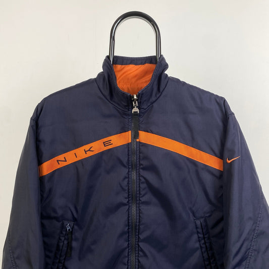 90s Nike Reversible Fleece Coat Puffer Jacket Blue Orange XS - Vintage Box