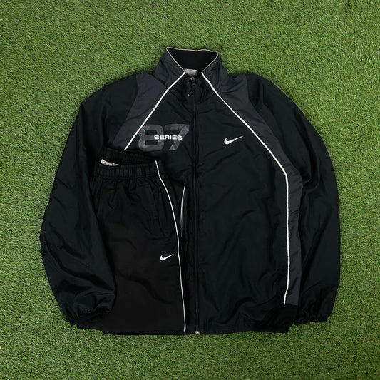 00s Nike Air Max Piping Tracksuit Jacket + Joggers Set Black Large