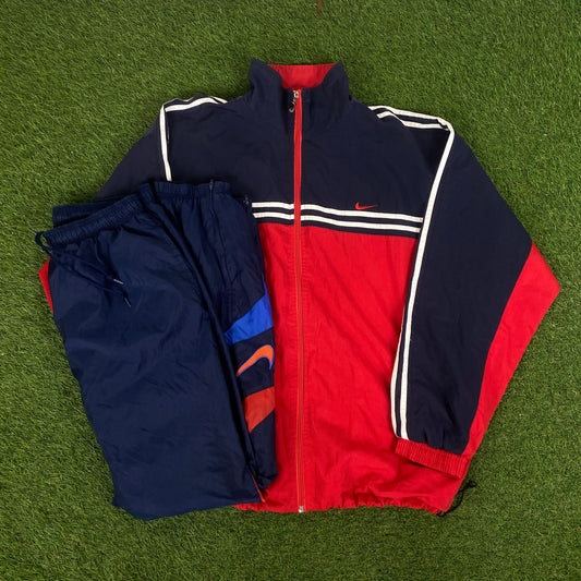 00s Nike Piping Windbreaker Jacket + Joggers Set Red Medium