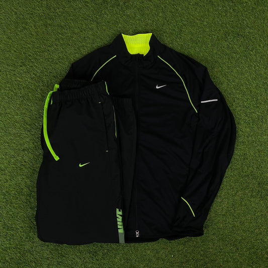 00s Nike Dri-Fit Piping Windbreaker Jacket + Joggers Set Black Small