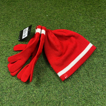 Vintage Nike Beanie Hat And Gloves Red - Vintage Box