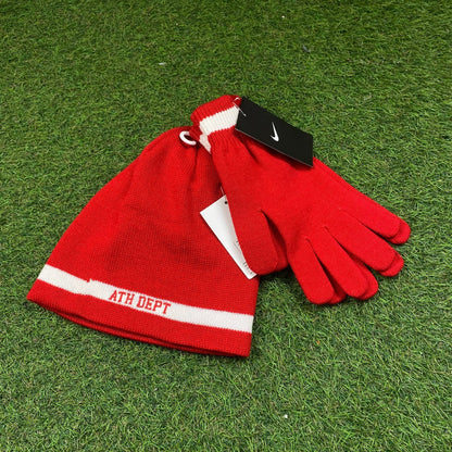 Vintage Nike Beanie Hat And Gloves Red - Vintage Box