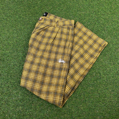 Retro 00s Stussy Plaid Trousers Joggers Yellow XS