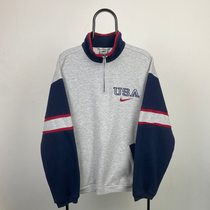 Vintage Nike USA 1/4 Zip Sweatshirt Grey Large