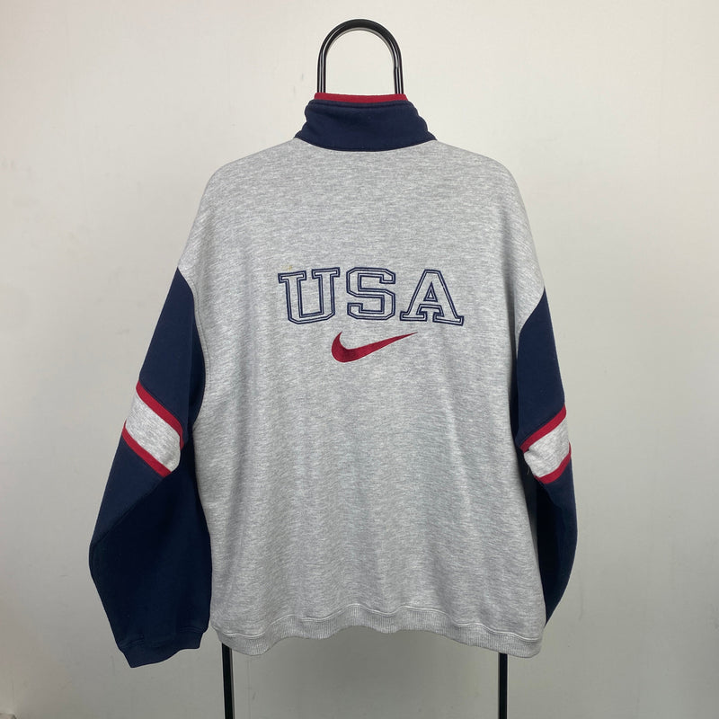 Vintage Nike USA 1/4 Zip Sweatshirt Grey Large